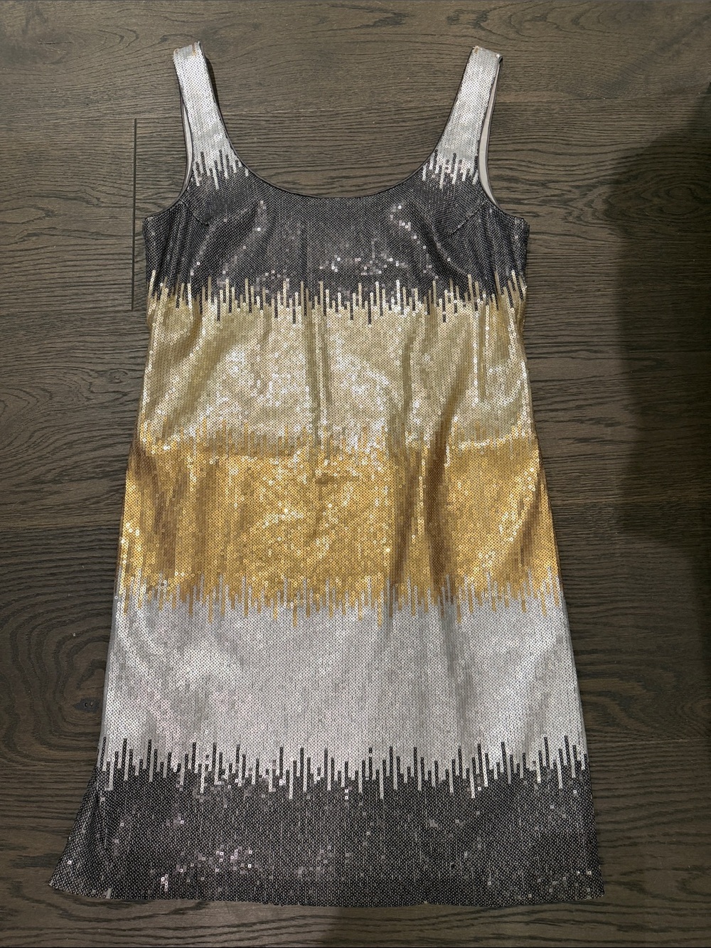 Sequin Stripe Sleeveless Shift Dress in Gold & Silver